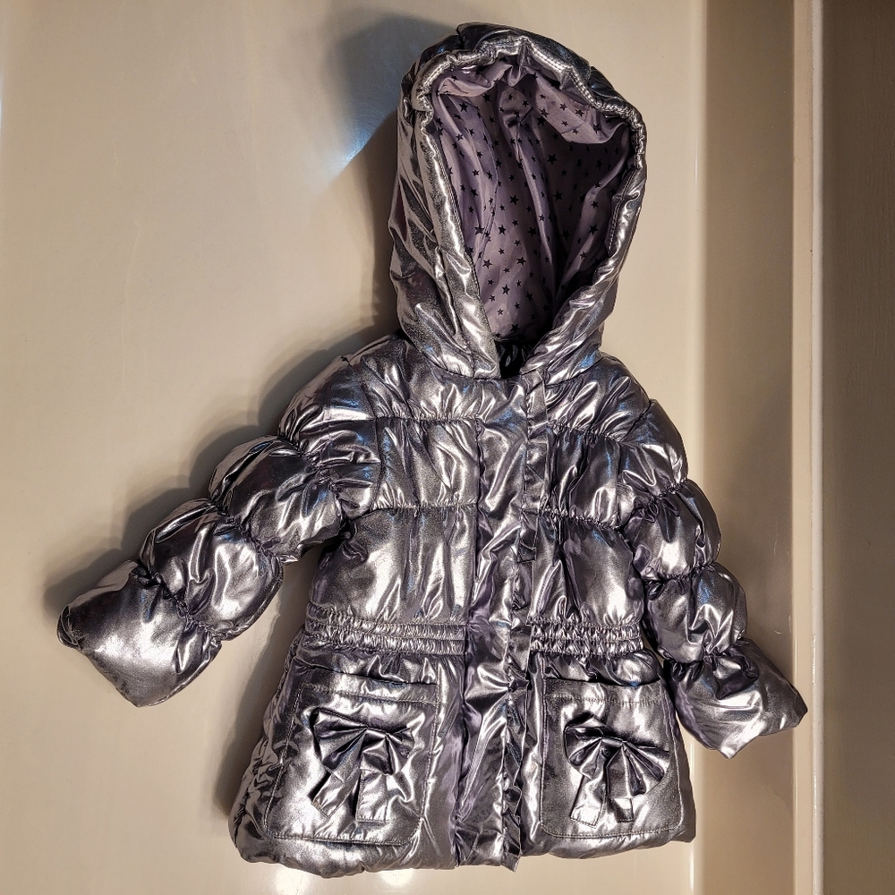 Rothschild Little Girls Hooded Metallic Silver Puffer Jacket With Pockets 12M - Picture 16 of 16